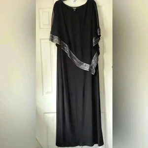 SLNY Black Overlay Style Metallic-Trim Capelet Sheath Maxi Dress16